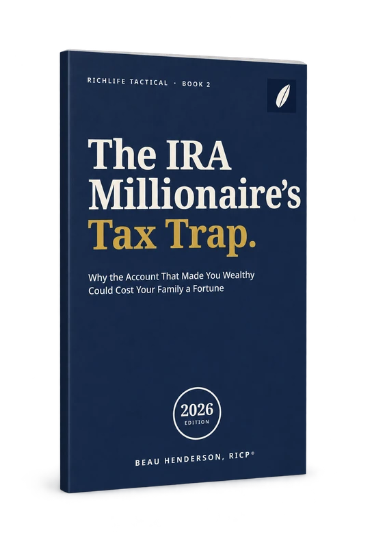 The IRA Millionaire's Tax Trap by Beau Henderson, navy paperback with gold title accent